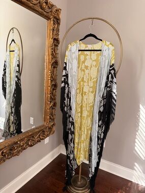 Free People Florence Fringe Metallic Floral Kimono